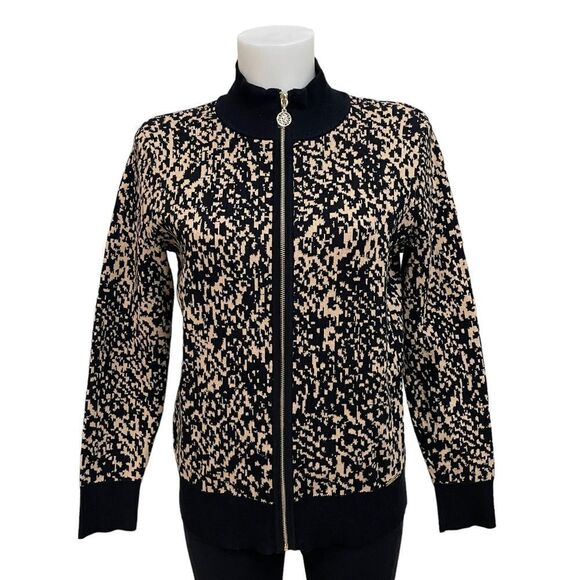ANNE KLEIN Full Zip Knit Animal Print Cardigan Sweater High Neck Comfy sz Medium - Picture 1 of 11
